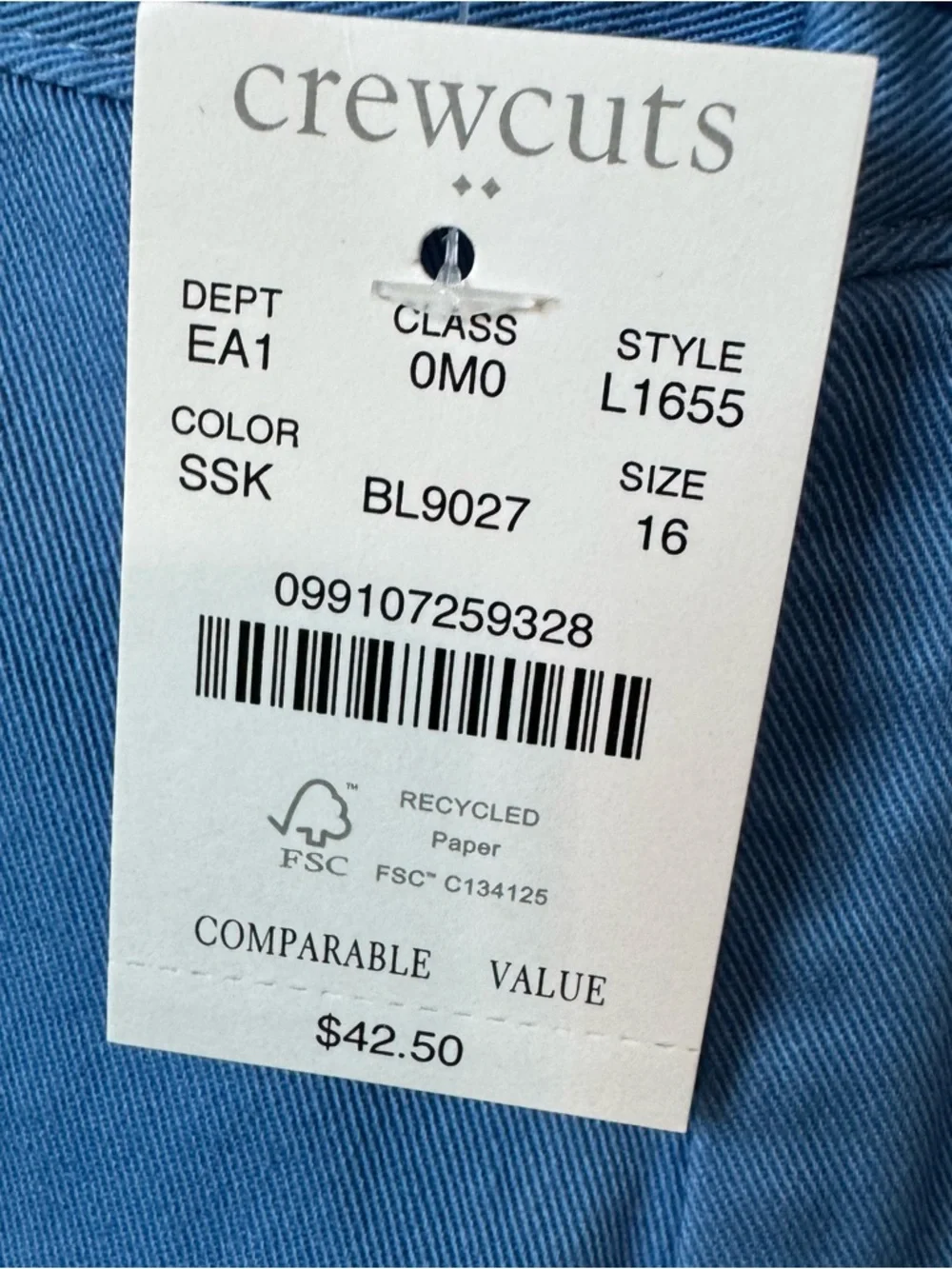 Crewcuts Boys Stretch Chino Shorts Blue Adjustable Waist. NWT. Size 16